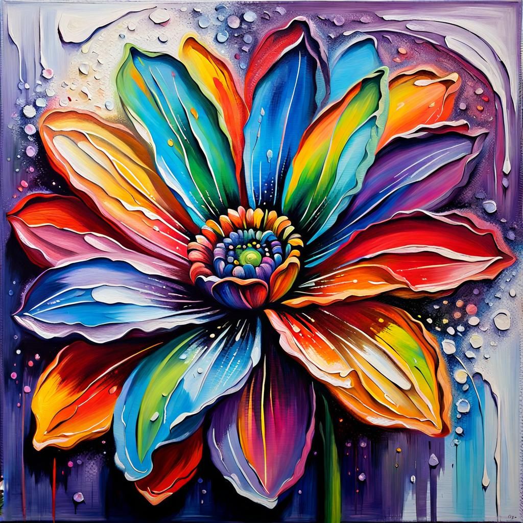 Rainbow Flower Acrylic Painting in Impasto Style