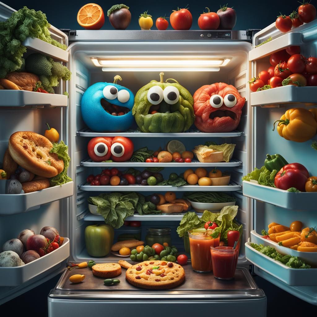 Googly-Eyed Food Chatting in Refrigerator