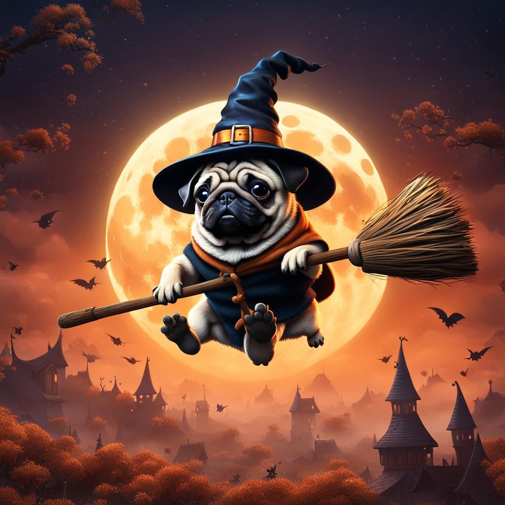 Cartoon Pug Witch Flying Past the Moon