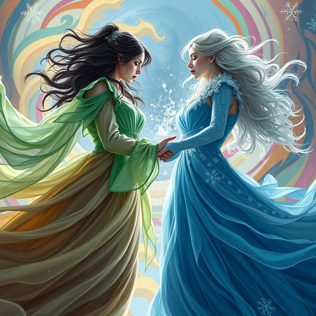 Spring vs Winter Duel: Hyperrealistic Figures in Dramatic Cl...