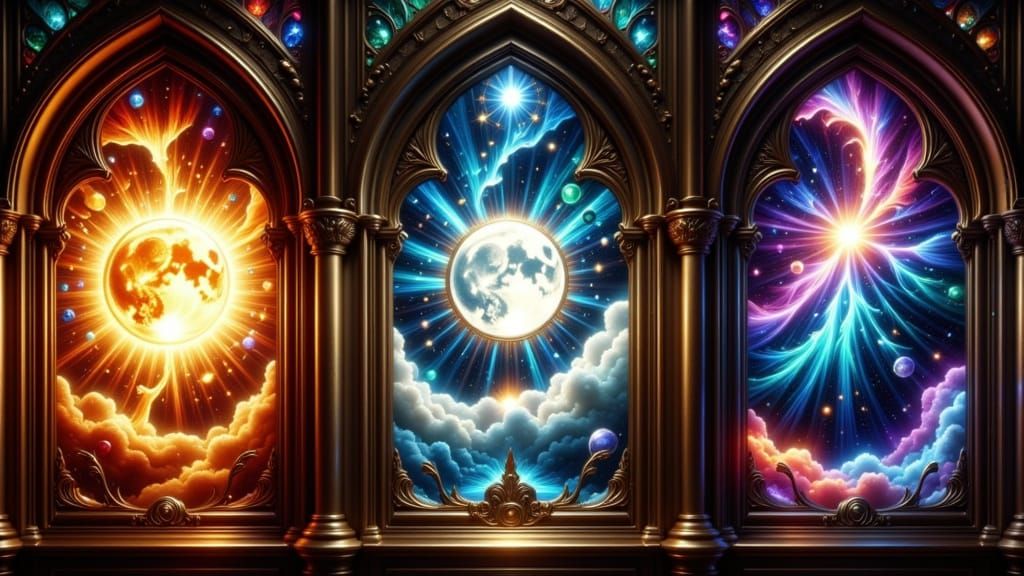 Baroque Stained-Glass Triptych of Sun, Moon, and Stars