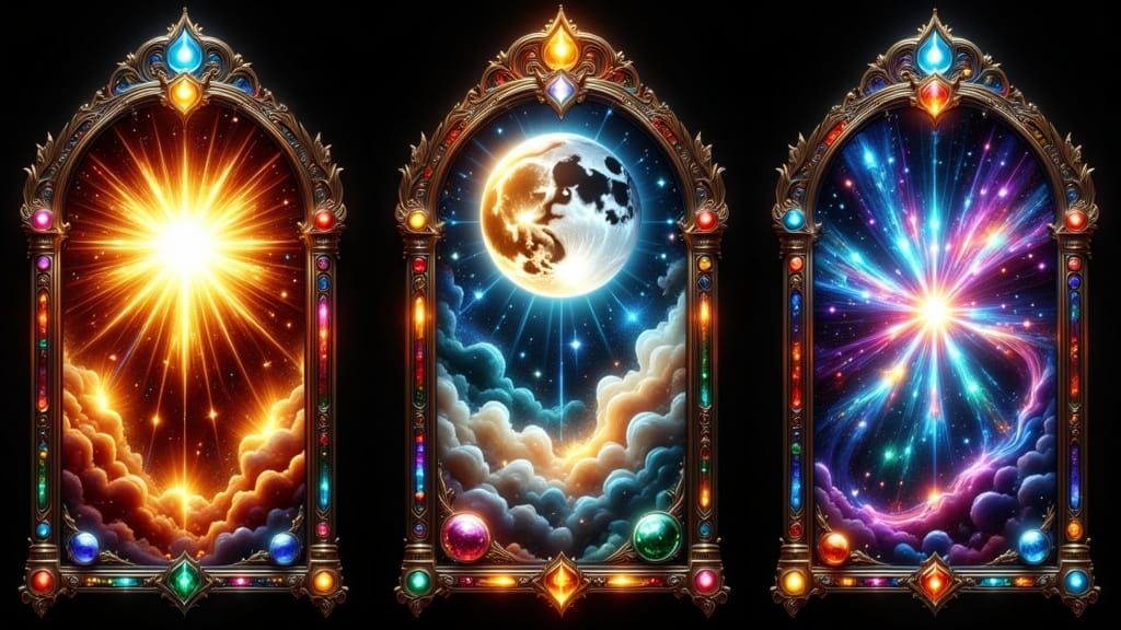 Baroque Stained Glass Triptych: Sun, Moon, and Stars