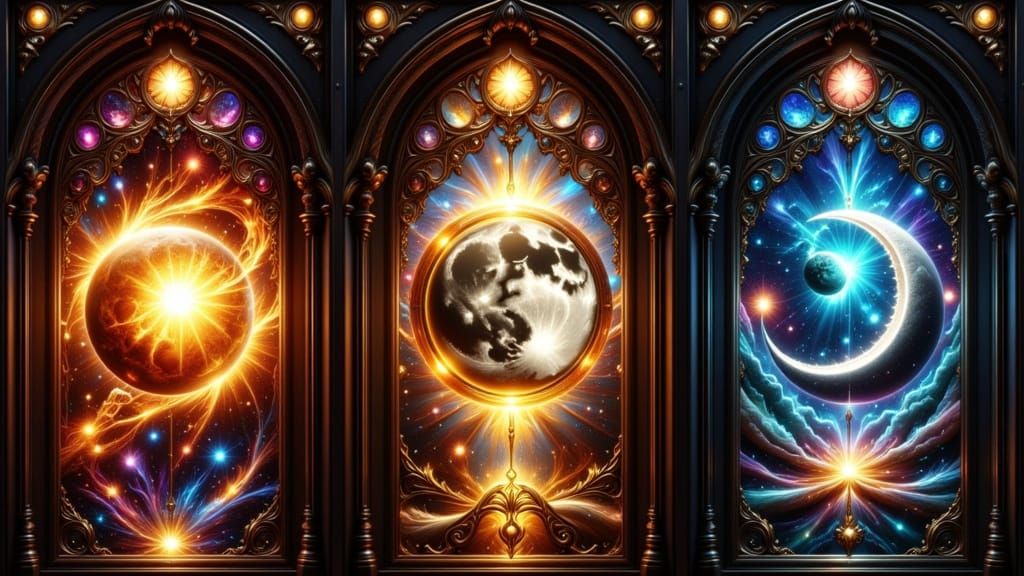 Baroque Stained-Glass Triptych of Celestial Bodies