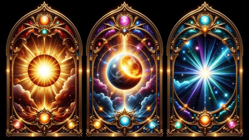 Baroque Stained-Glass Triptych: Sun, Moon, and Stars