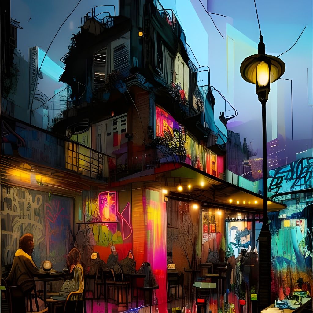 Cozy Cyberpunk Cafe at Night with Graffiti Art