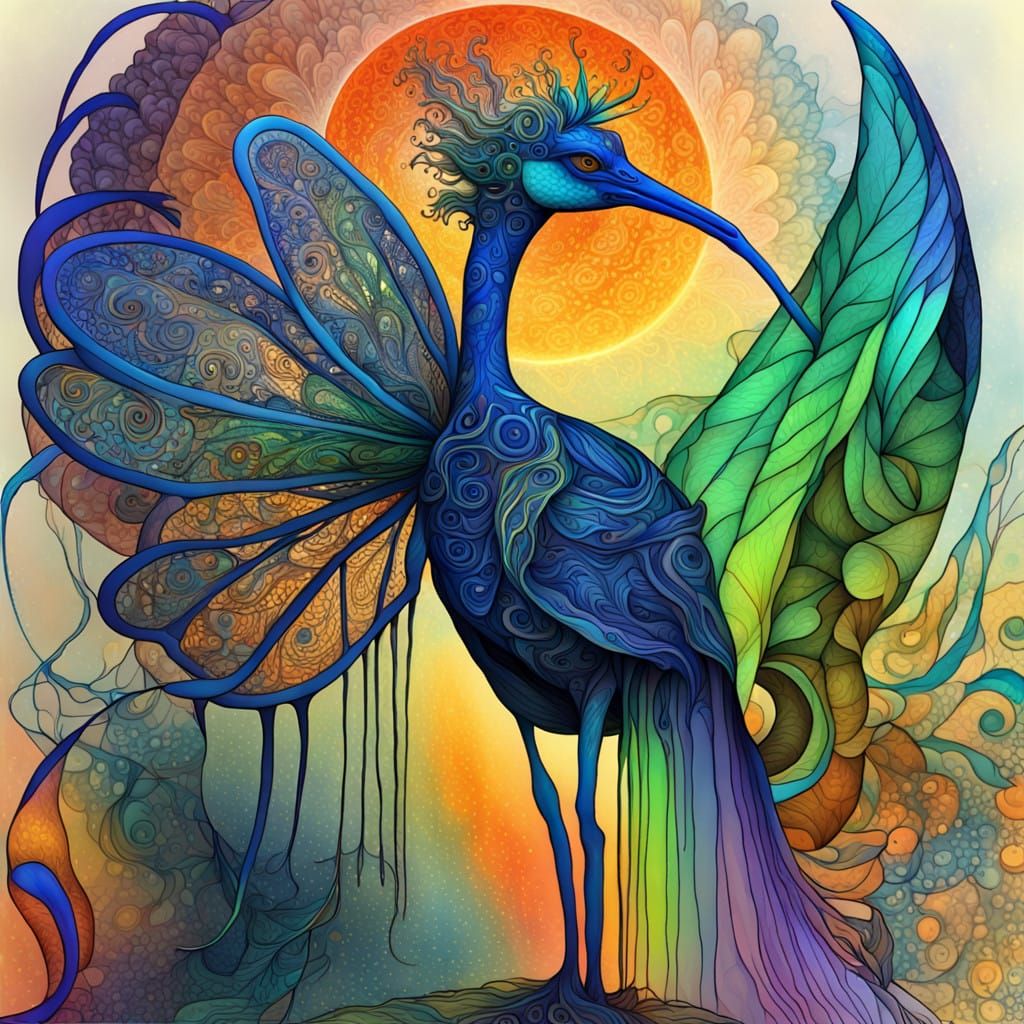 Surreal Stork in Blue and Green Hues as Digital Watercolor