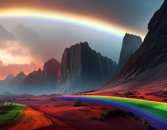 Rainbow Over Bleak Landscape: Detailed Matte Painting