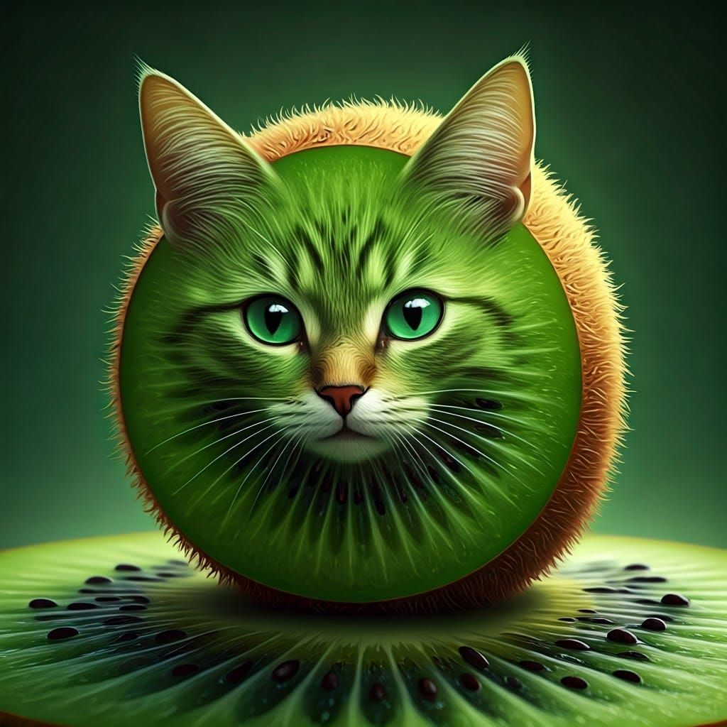Surreal Whimsical Cat-Kiwi Fusion in Soft Pastel Tones