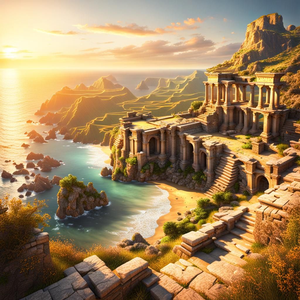 Photorealistic Ruins Overlooking a Golden Coastline