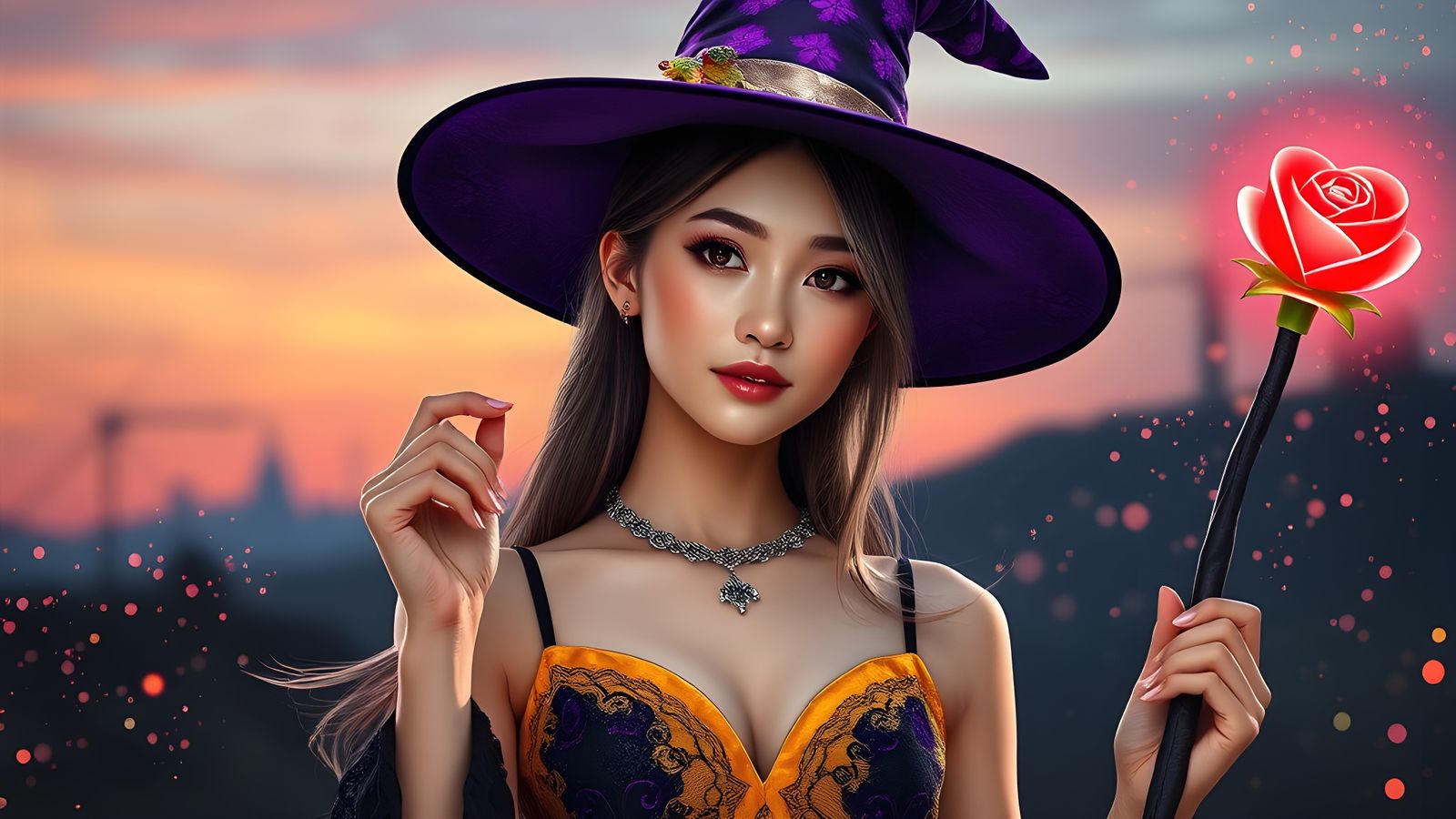 Enchanting Asian Witch in Dusk Fantasy Environment