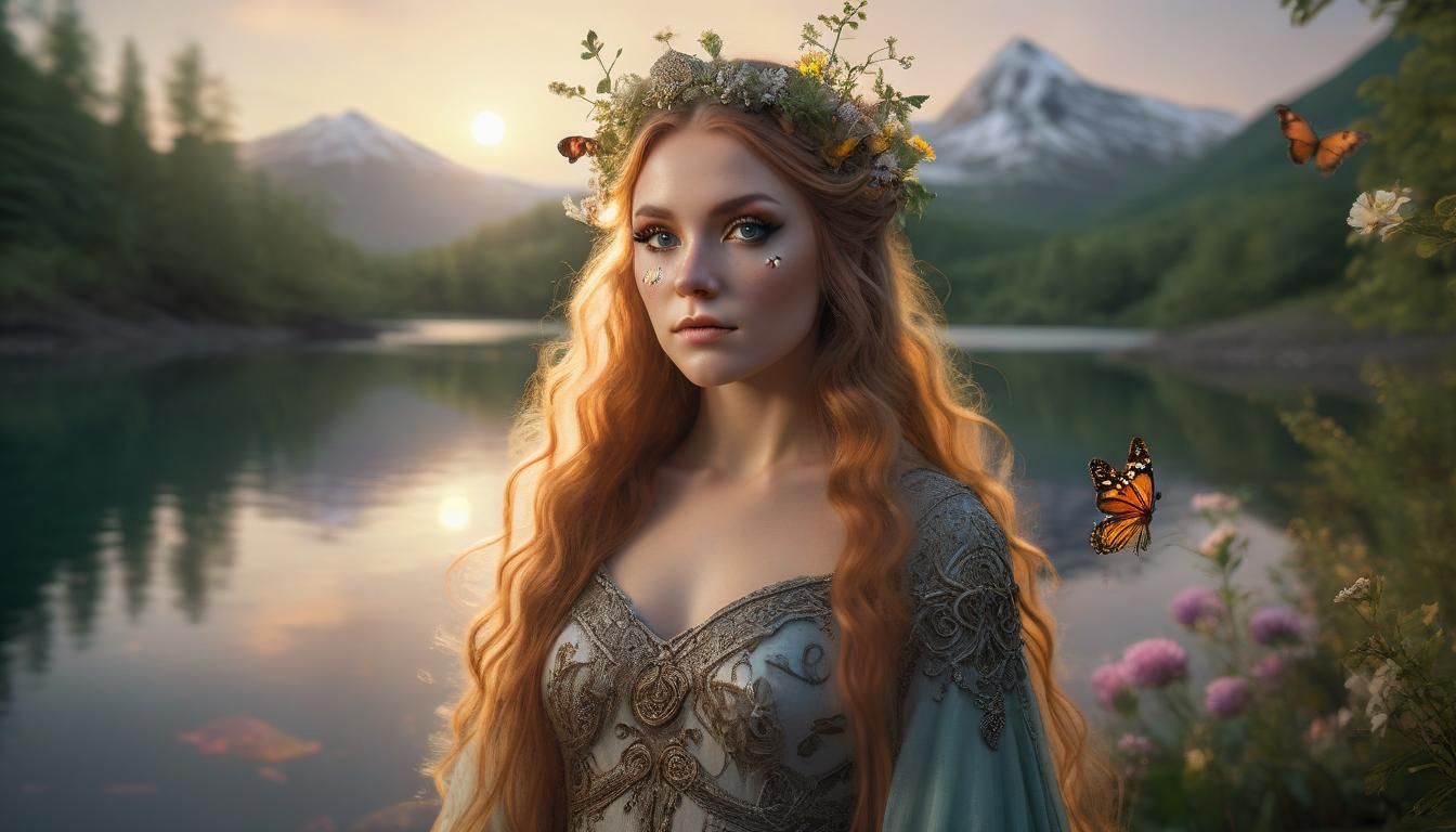 Mystical Norse Woman with Flowers, Hyperrealistic Octane Ren...