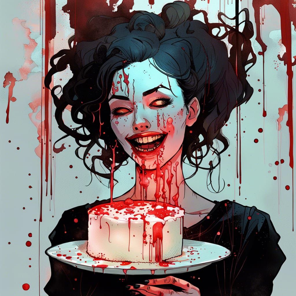 Creepy Cyberpunk Portrait of Lady with Bloody Cake