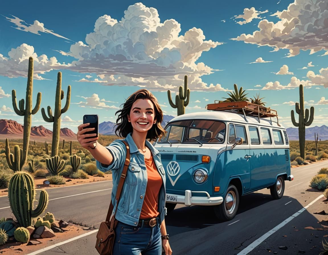 Woman's Desert Road Trip in Comic Book Style