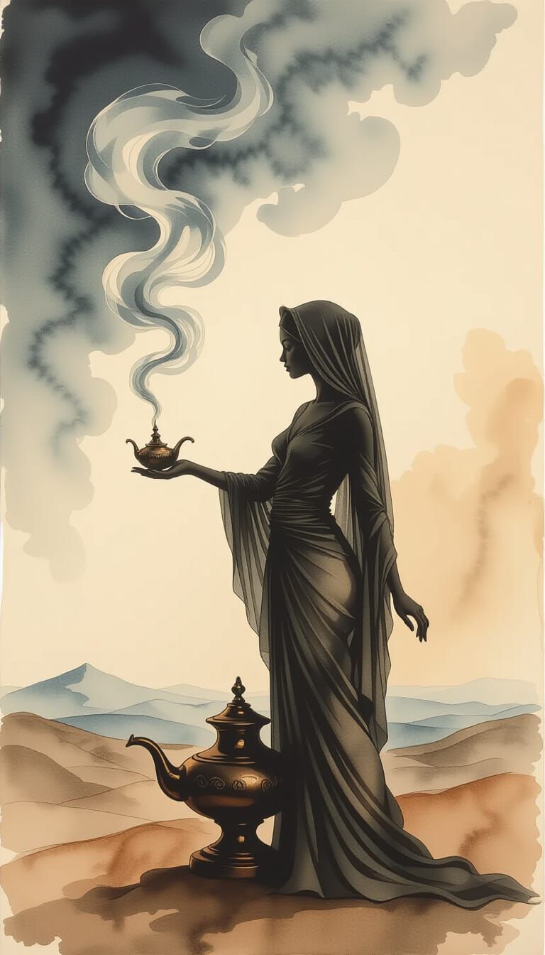 Ethereal Smoke Woman Emerges from Genie Lamp