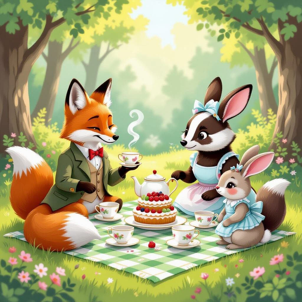 Woodland Creatures Tea Party in Sunlit Forest