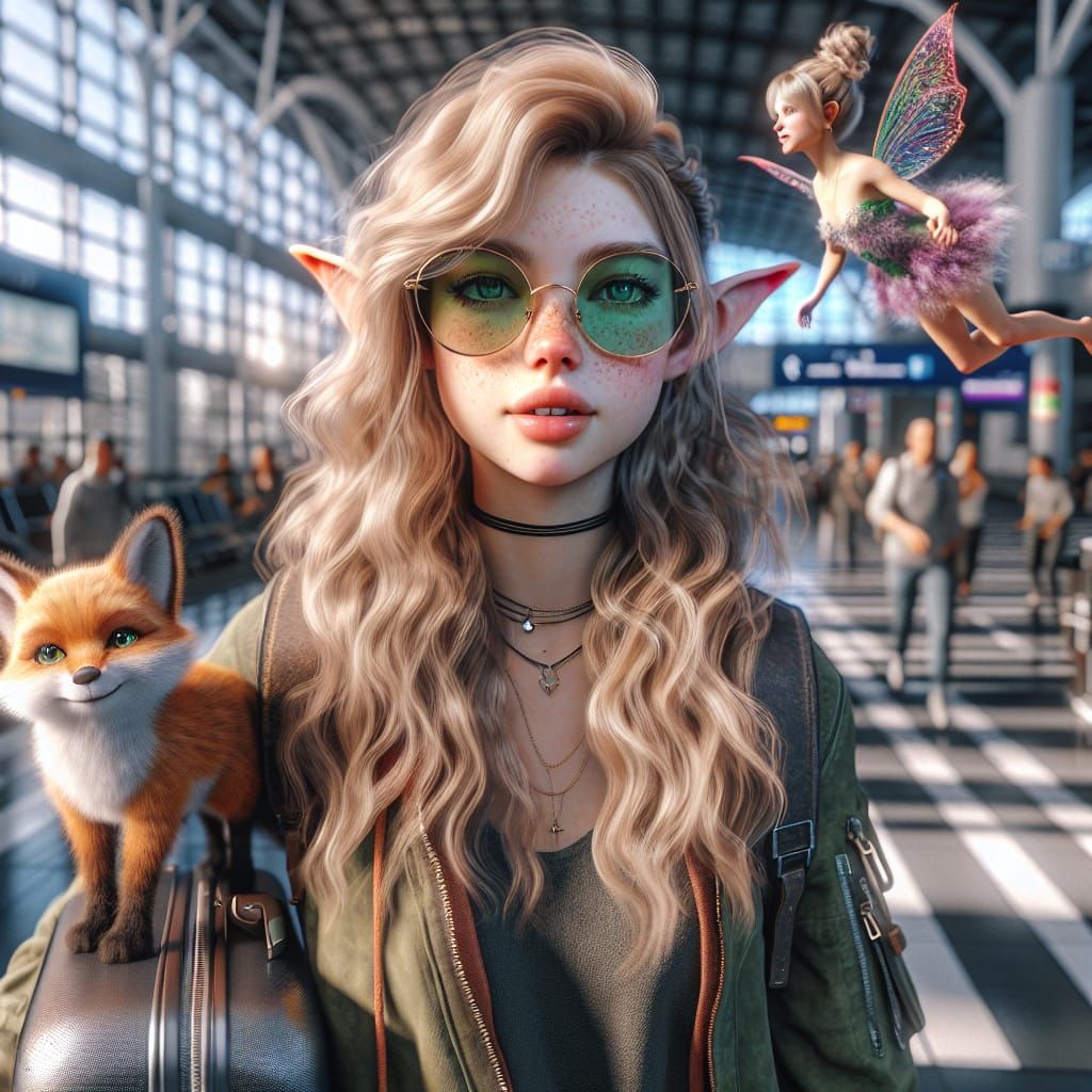 Teenage Elf Girl Arrives at Airport: Digital Art