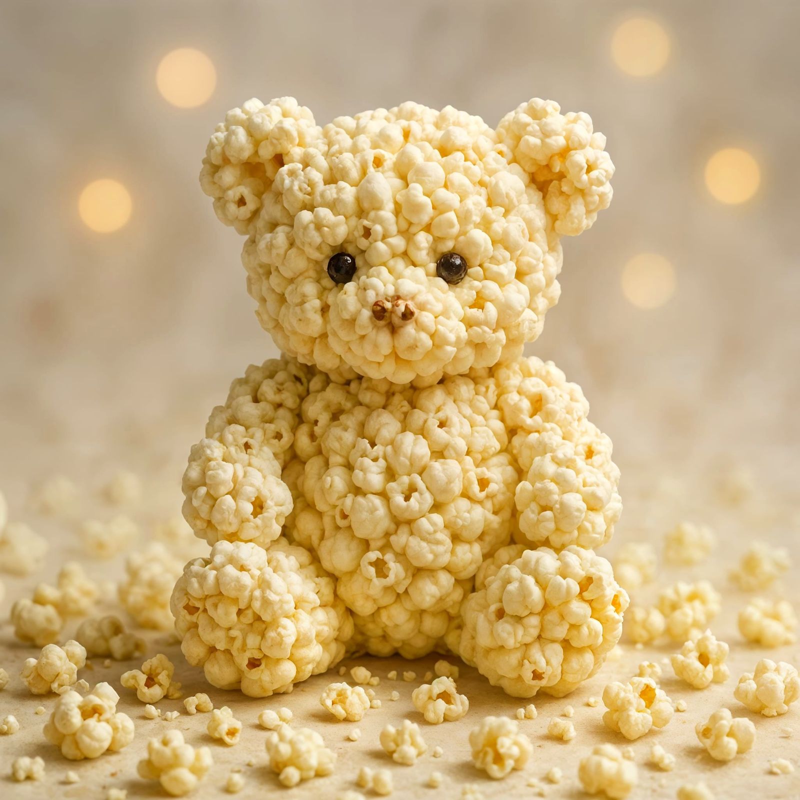 Popcorn Teddy Bear Sculpture with Glowing Orbs