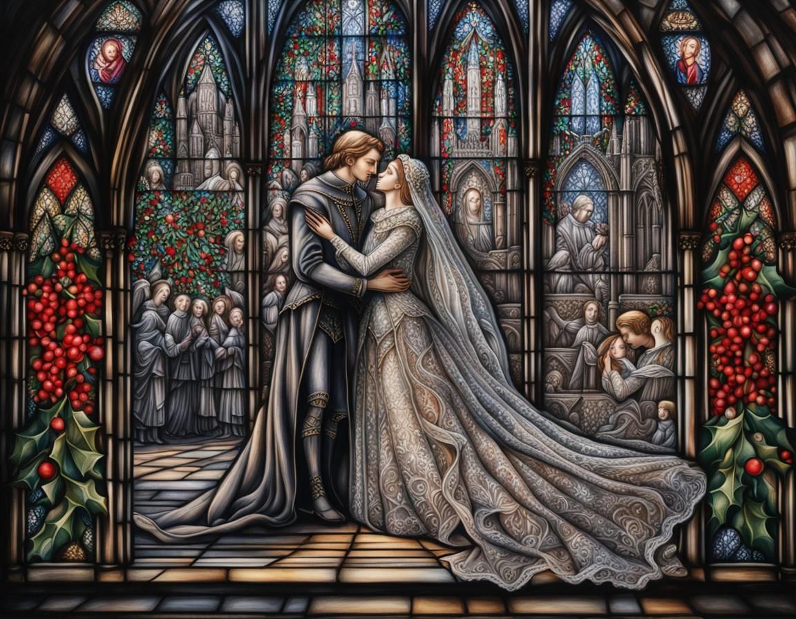 Romantic Gothic Cathedral Scene in Charcoal Drawing