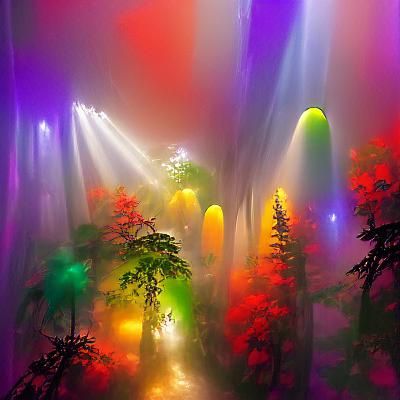 Sunlit Forest Through Fog and Mist