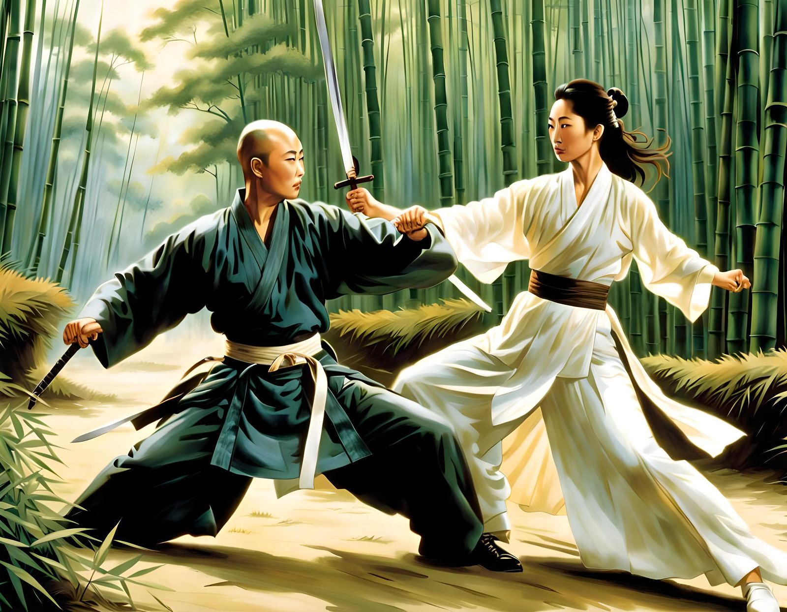 Martial Arts Sword Fight in Bamboo Grove, Sumi-e Style