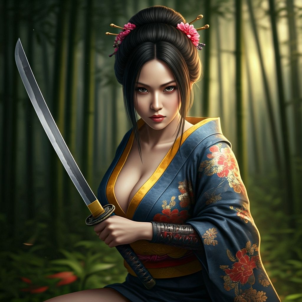 Sensual Samurai in Bamboo Forest, Editorial Illustration Sty...