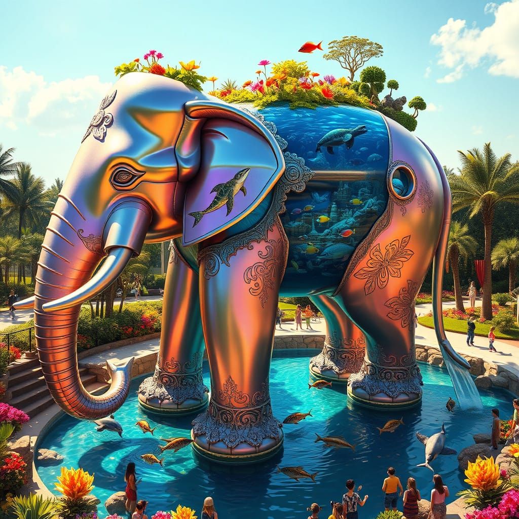 Majestic Elephant-Shaped Aquarium in Vibrant Tropical Wonder...