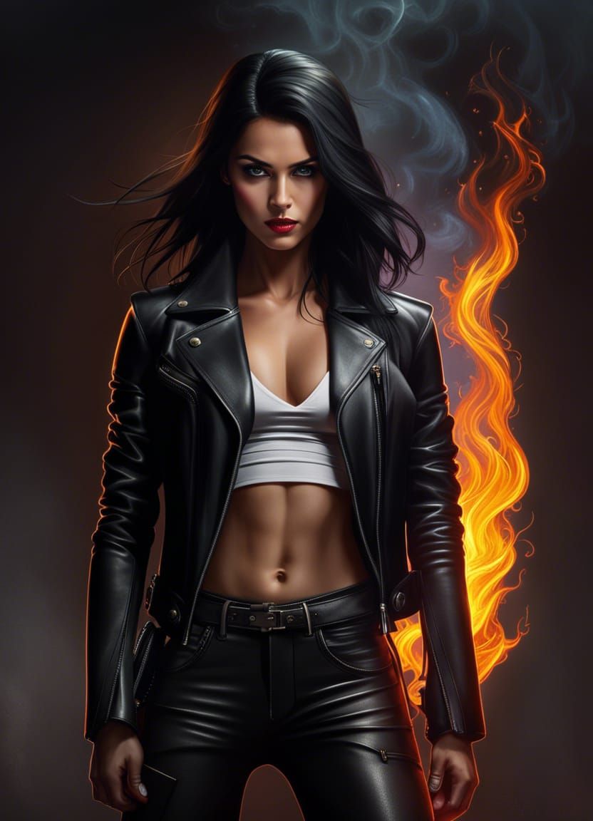 Beautiful Badass Teen with Shadow Demon and Fire