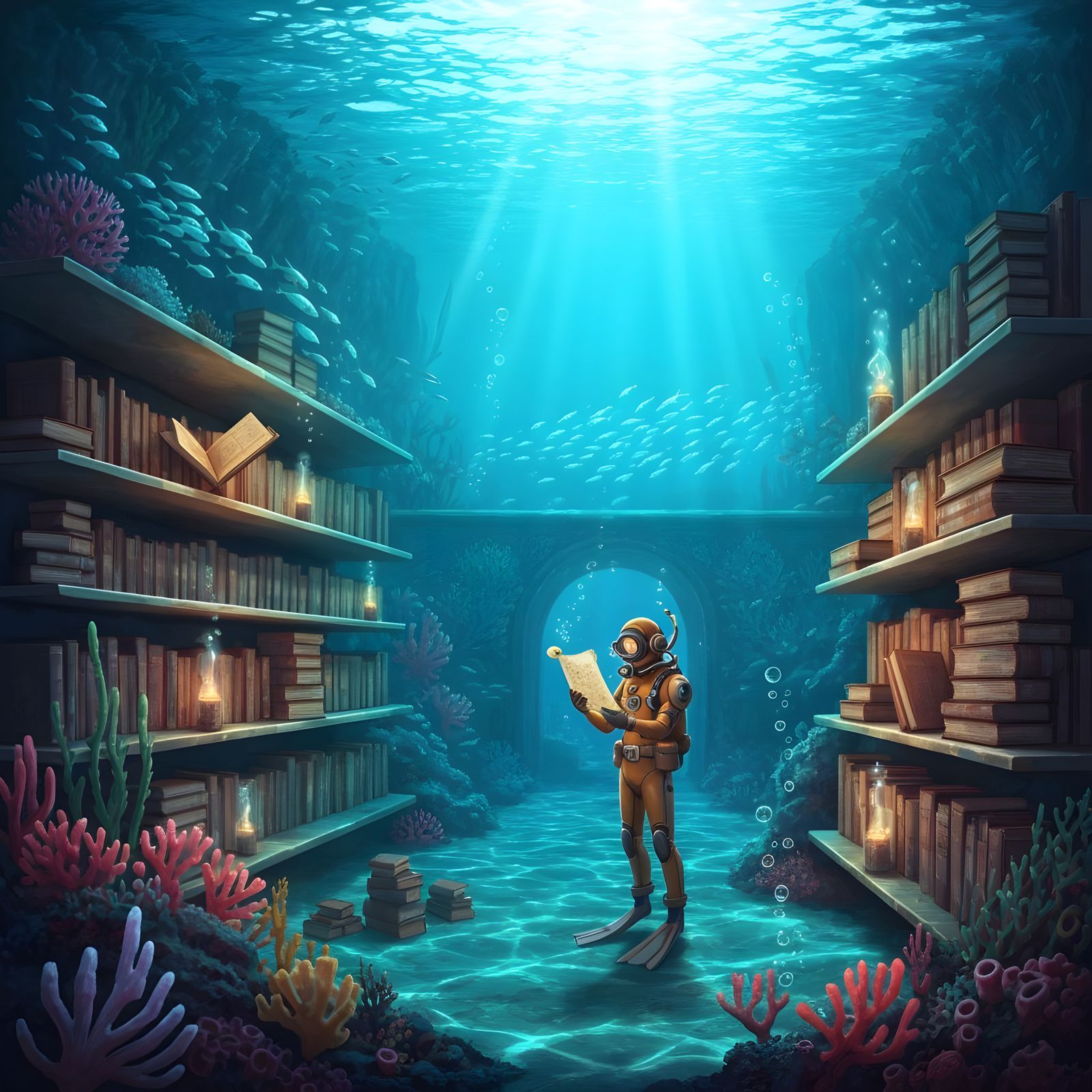 Underwater Library with Glowing Fish and Diver