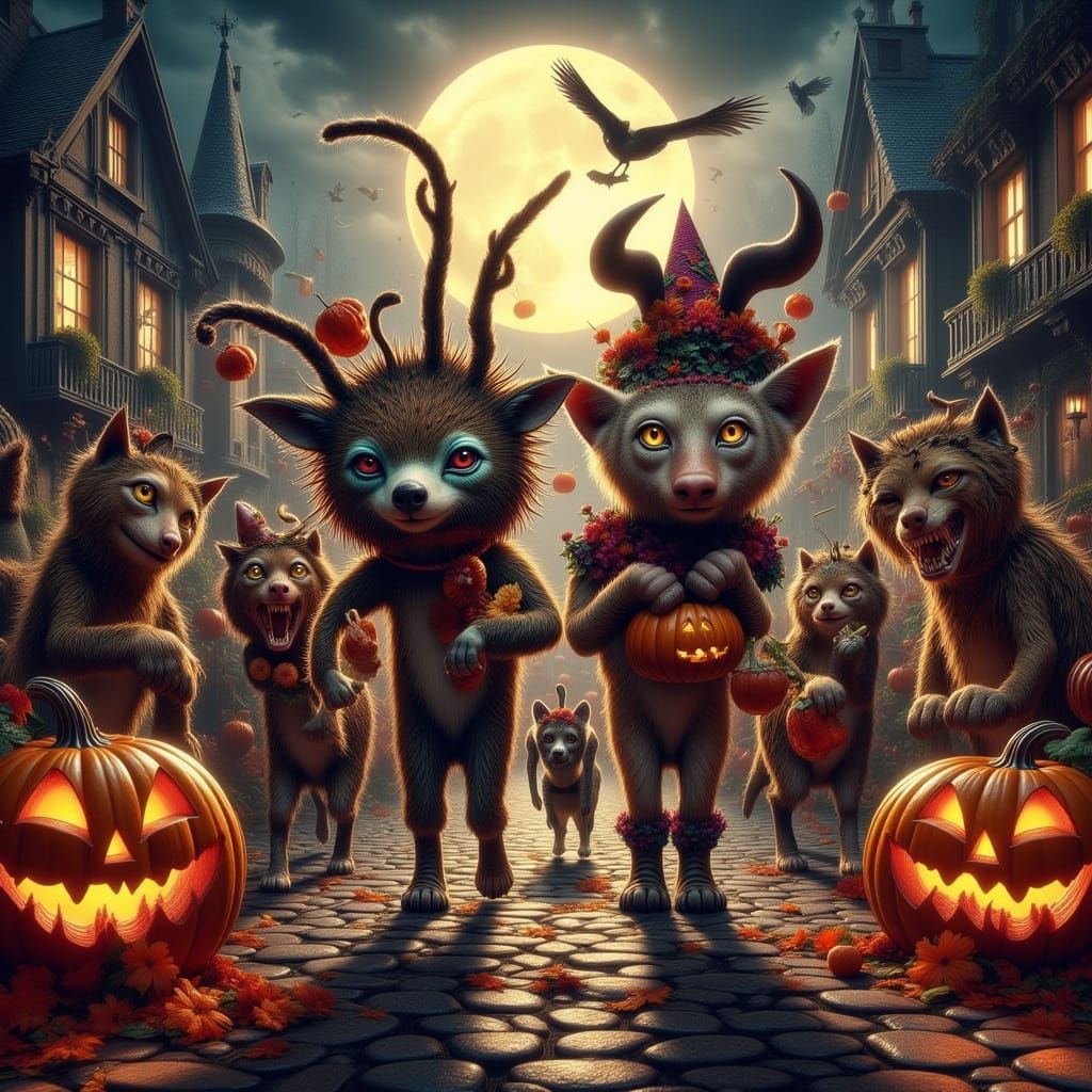 Whimsical Creatures Trick-or-Treating on Halloween Night