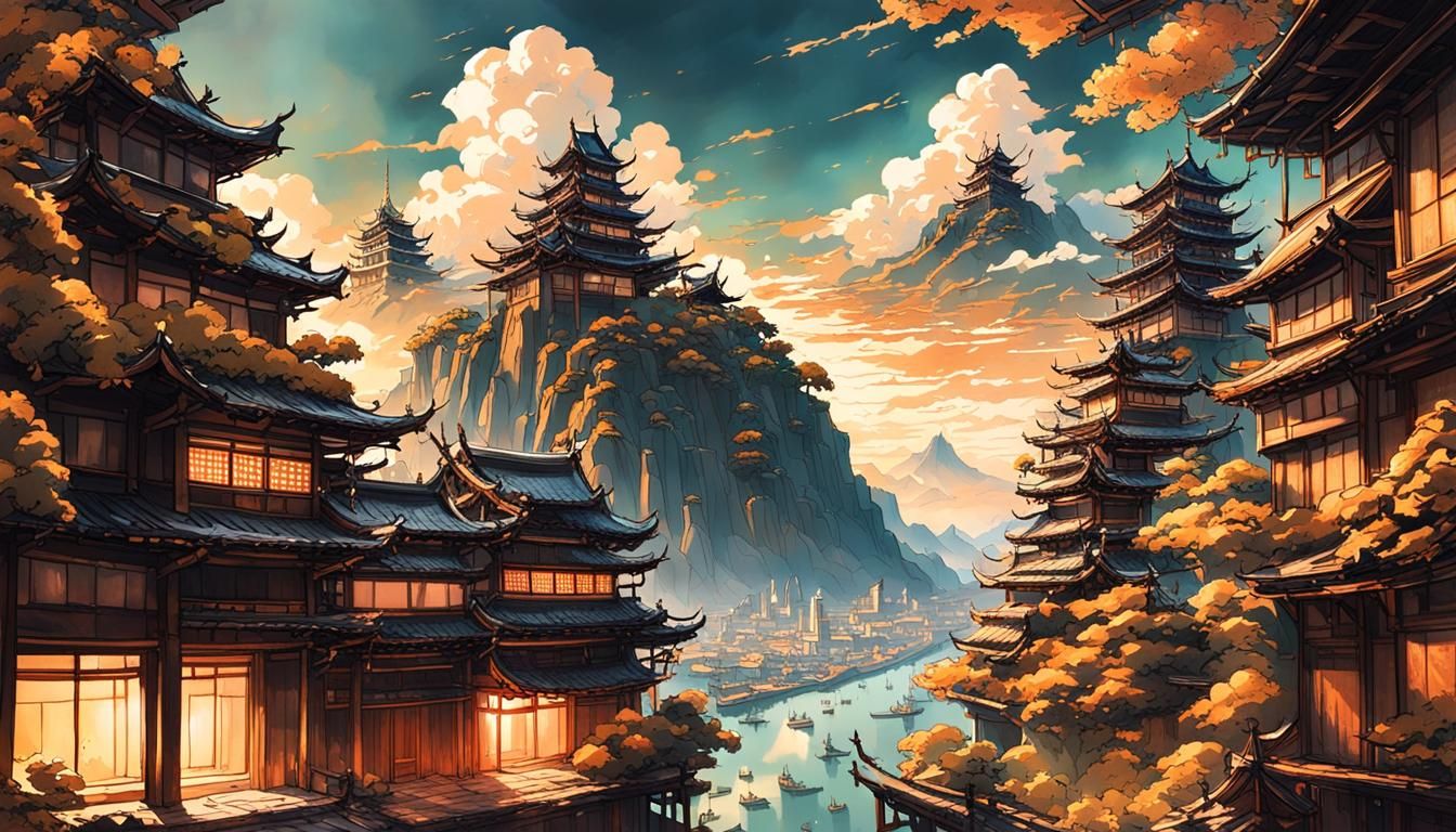 Epic Japanese City Floating in Sky: Manga Art