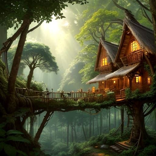 Whimsical Treehouse Village in Ancient Forest Canopy
