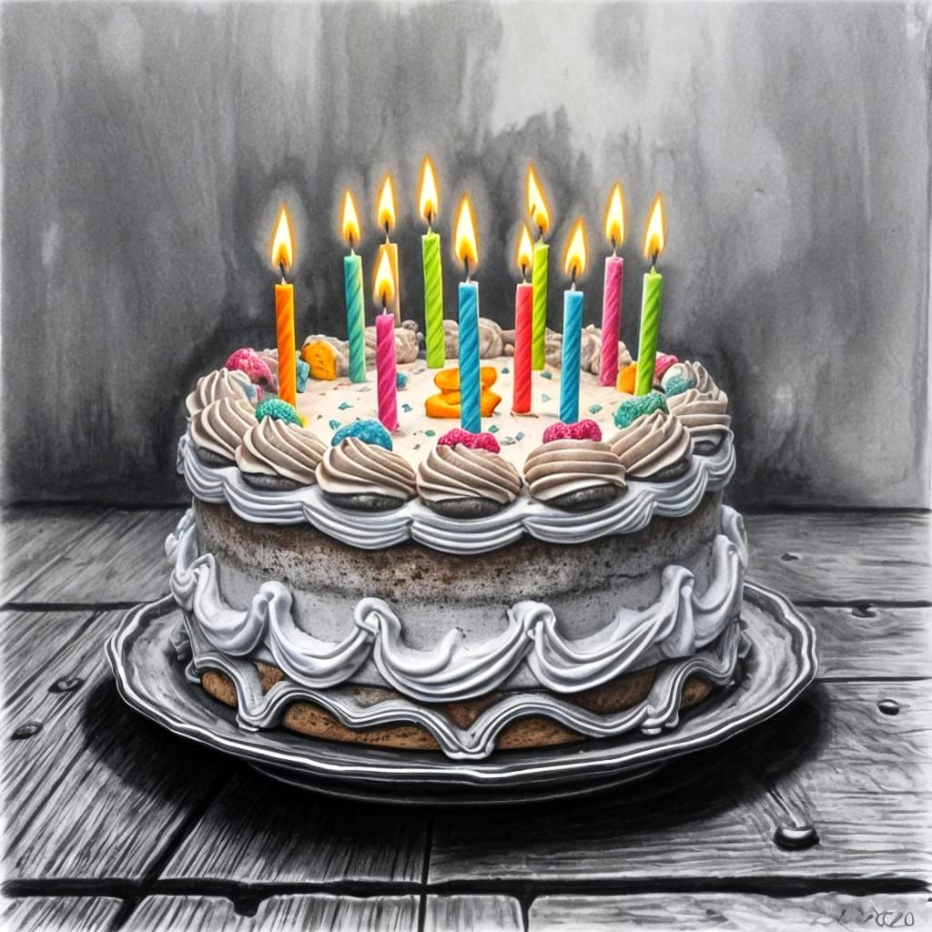 Hyperdetailed Charcoal Drawing of Birthday Cake