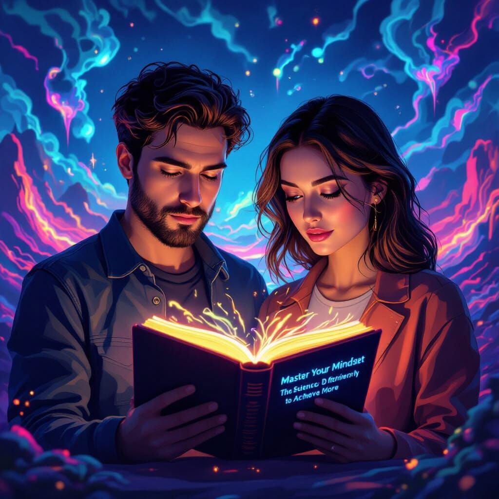 NFT Art: Couple Reads Mindset Book in Surreal Digital Landsc...