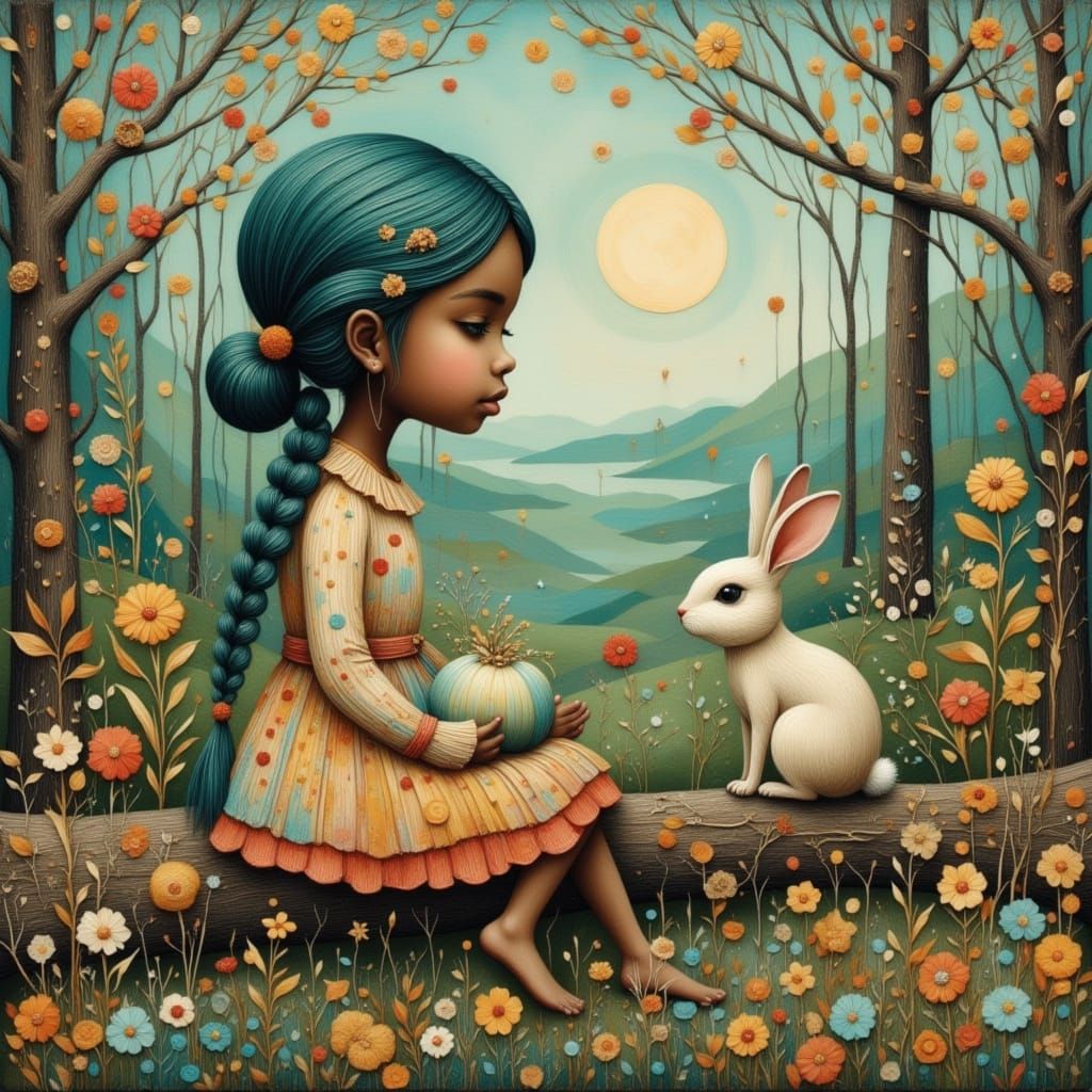 Girl With Teal Hair in Sun Dappled Woodland