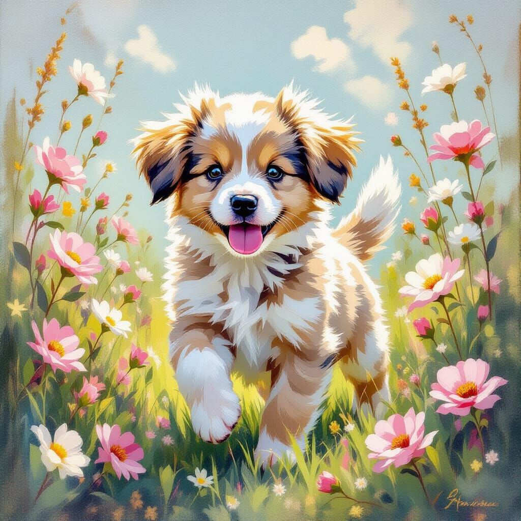 Puppy Playing in Garden: Impressionist Rococo Painting
