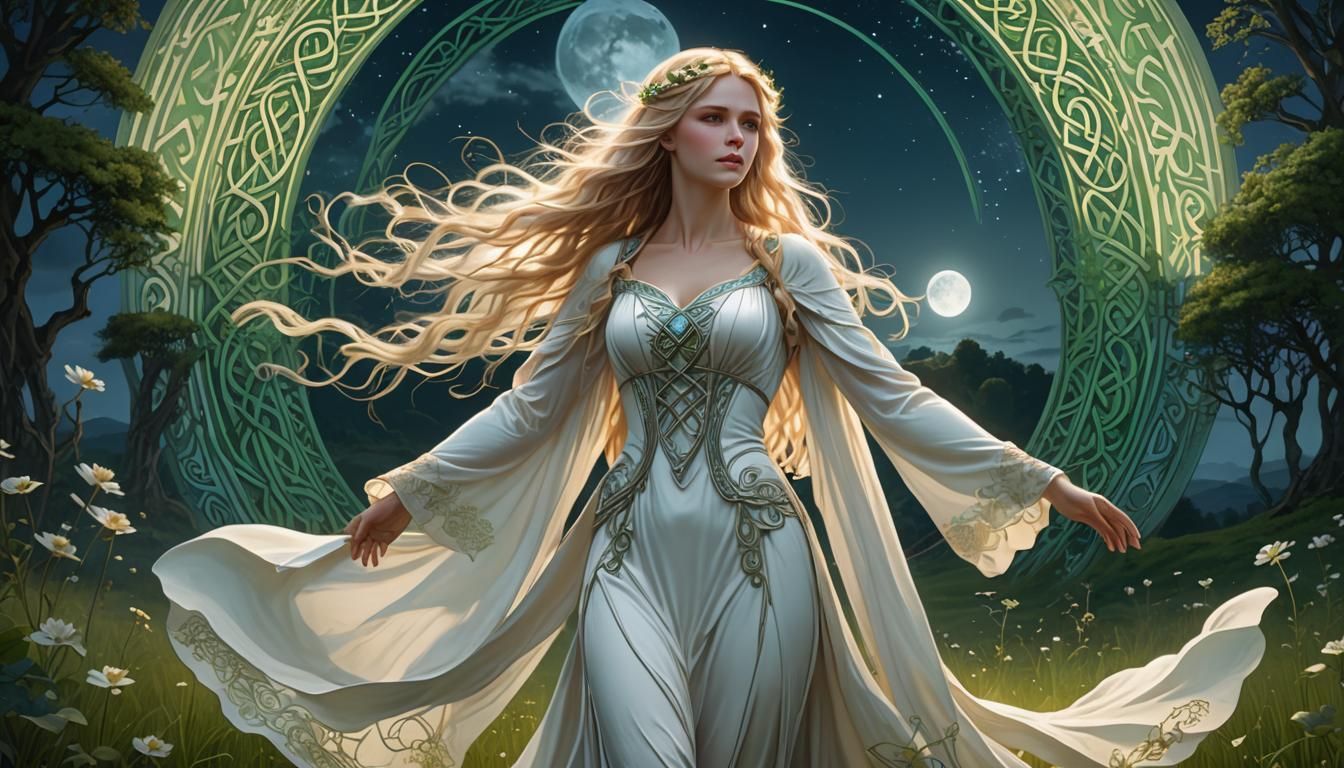 Ethereal Celtic Lady in Moonlit Meadow, Art Nouveau Style