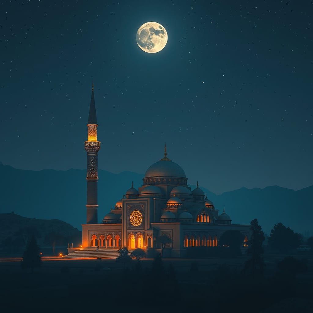A Serene Middle Eastern Mosque Under Ethereal Moonlight