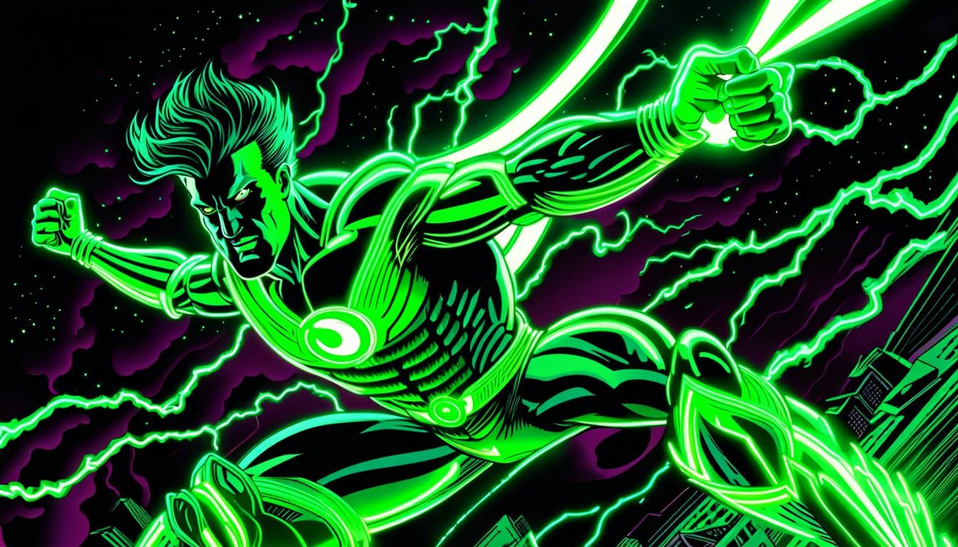 Neon Green Electric Hero in Comic Book Style