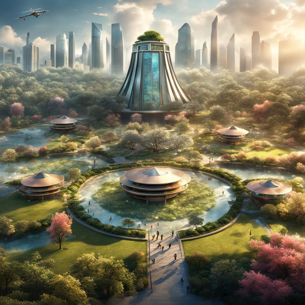 Epic Zen Garden Scene with Honeybees and Skyscrapers in a Fu...