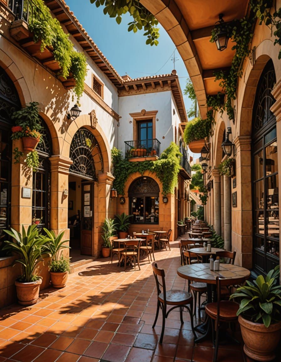 Inviting Cafe Scene in Spanish Plaza, Oil Painting