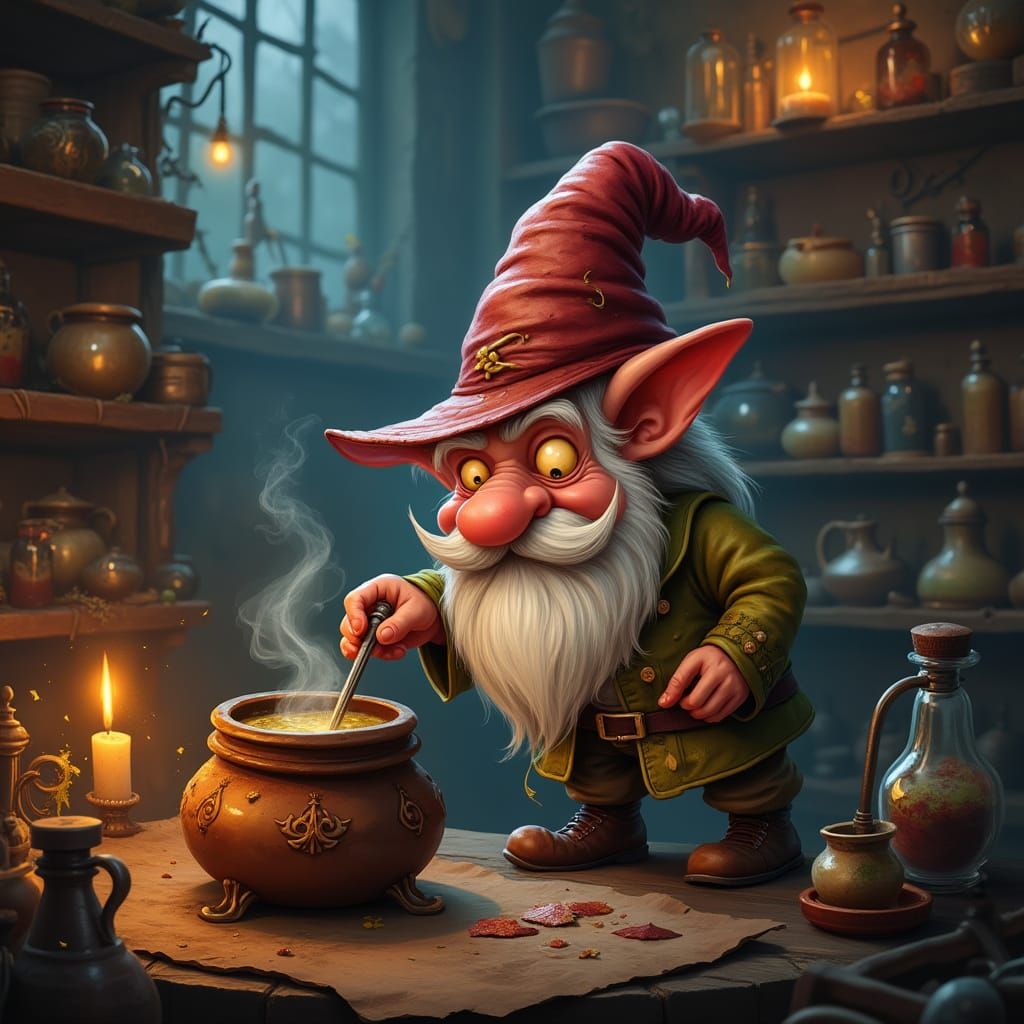 Steampunk Gnome Alchemist in Whimsical Workshop