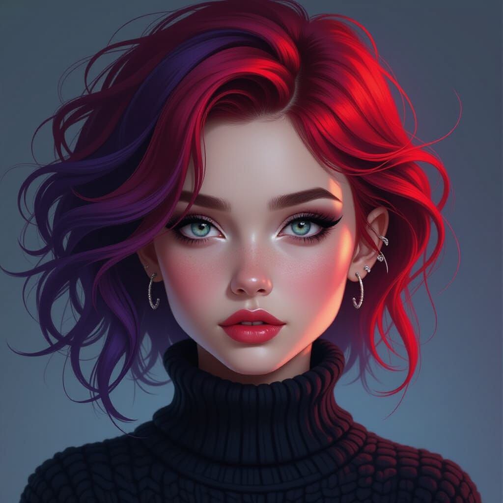 impressionist style painting A girl with fiery red and indigo hair swept upward as if caught in a storm. Her black eyeli...