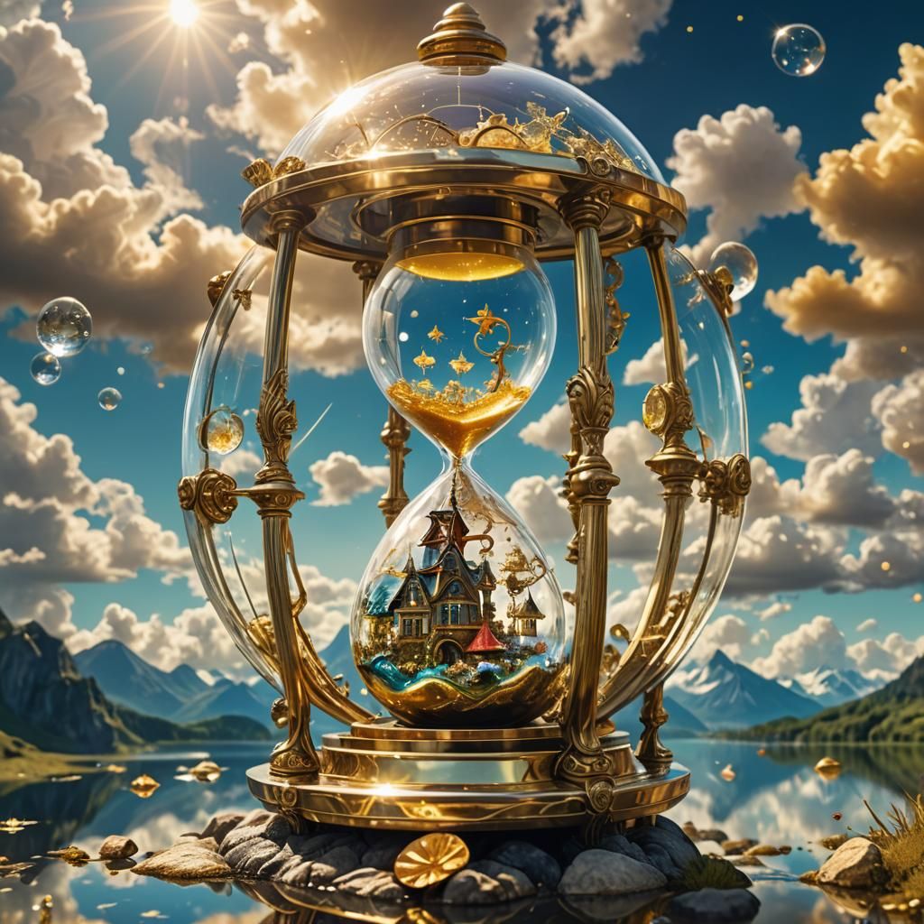 Solarpunk Workshop Inside Hourglass, Surreal Digital Art