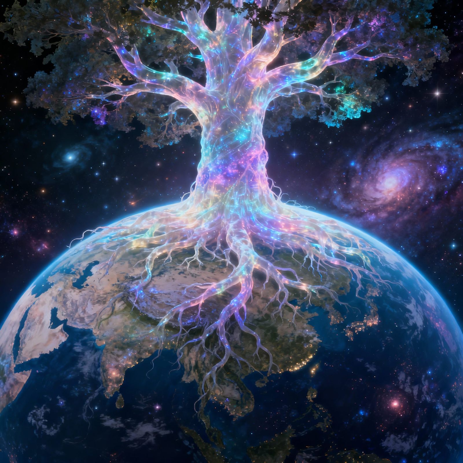 Cosmic Axis Mundi Tree Dwarfing Planet, Astral Illustration