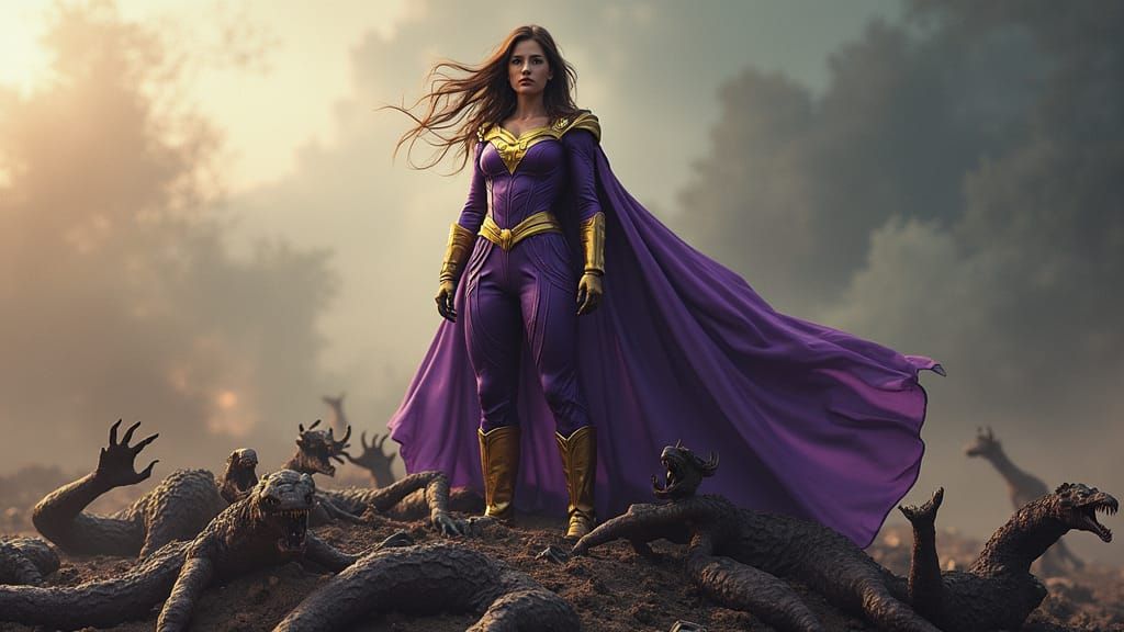 Victorious Superhero on Monster Pile