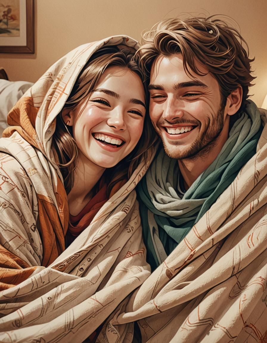Laughing Couple in Blanket: Anime Digital Art