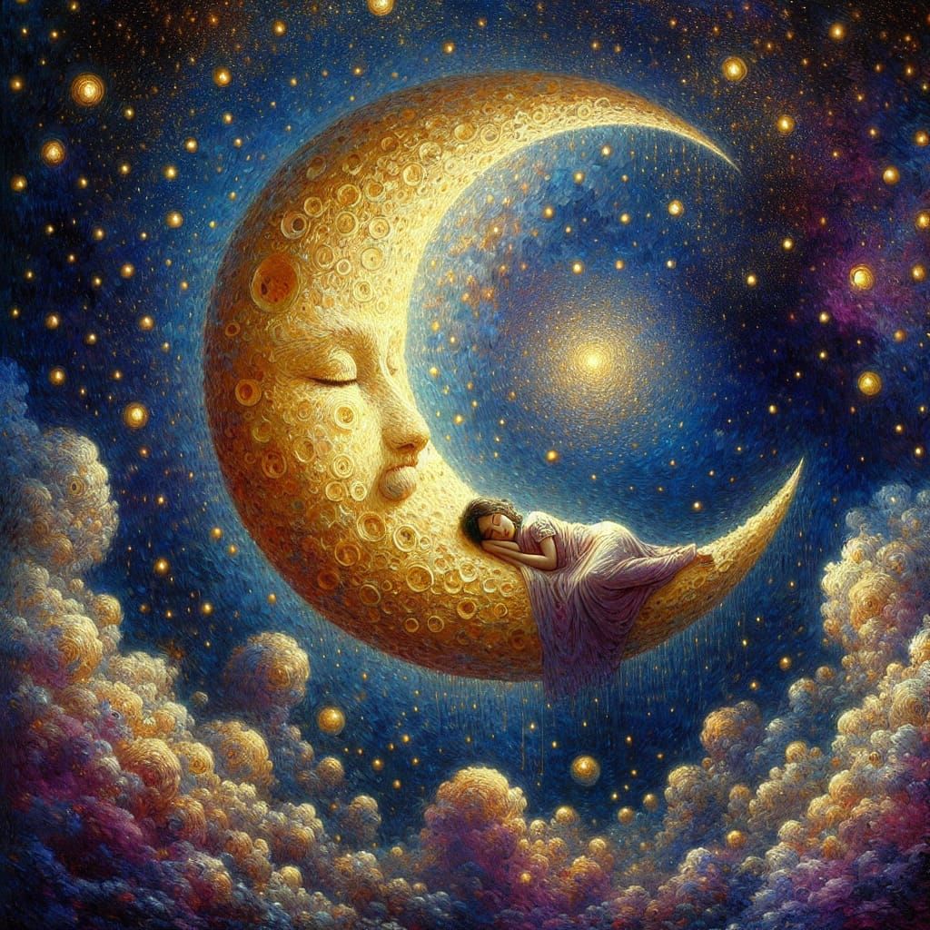 Golden Moon Oil Painting with Sleeping Girl