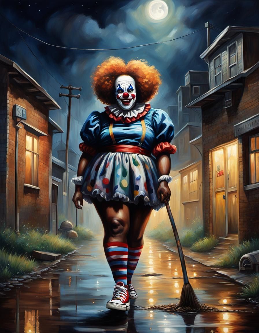 Plus-Size Clown in Sewer: Glossy Oil Painting