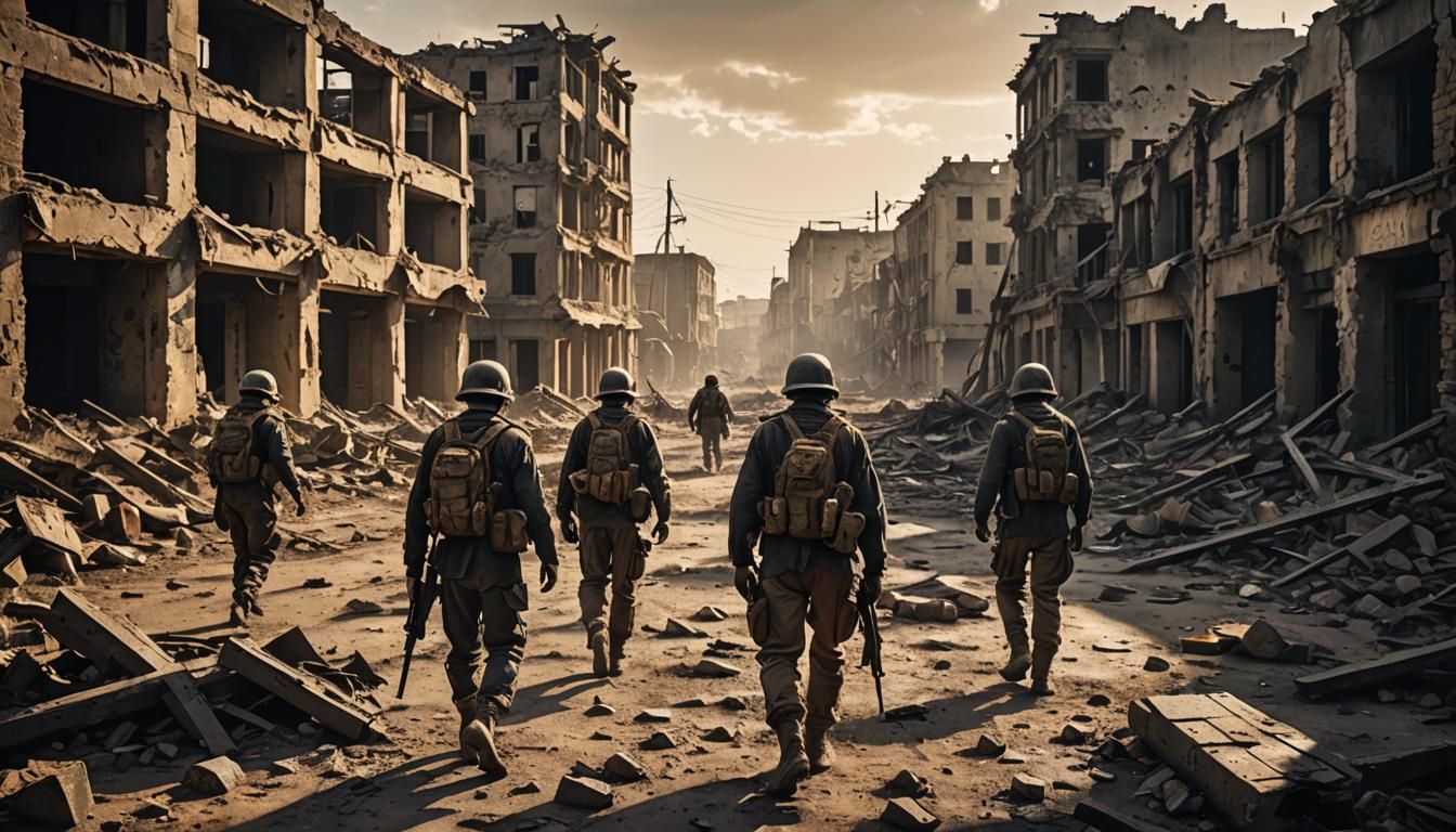 Defeated Rebels in War-Torn Cityscape: Gritty Documentary Ph...