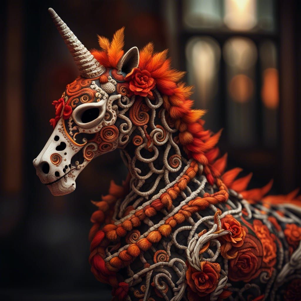Hyperrealistic Mexican Skeleton Unicorn with Colorful Fur